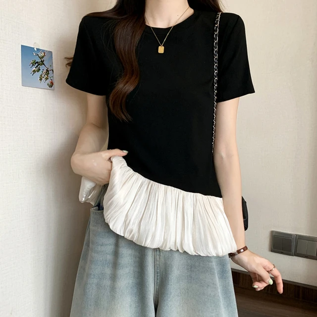 微胖大码法式小香风拼接正肩短袖恤女夏季胖别致不规则上衣女