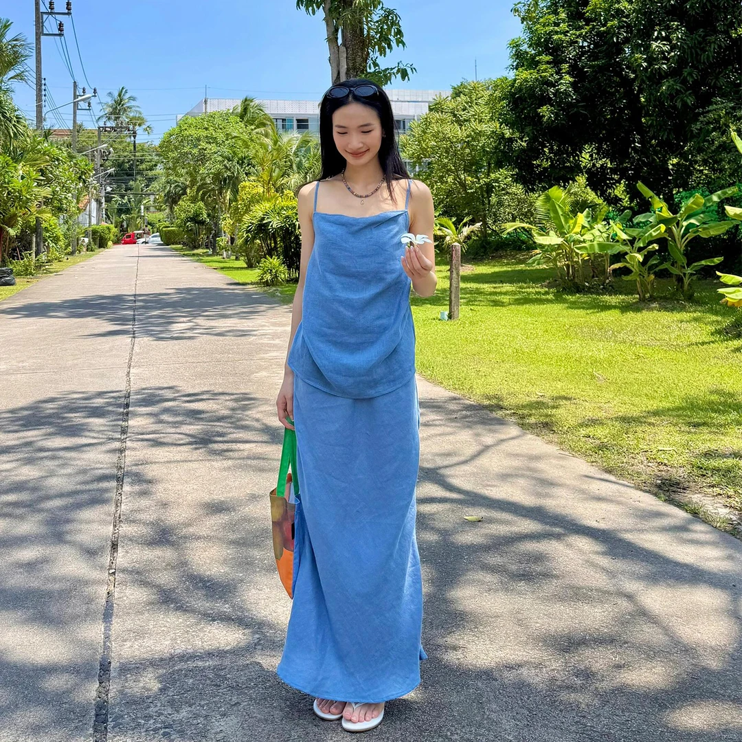 海边度假风蓝色亚麻套装裙女夏日绝美松弛感吊带上衣半身裙一整套