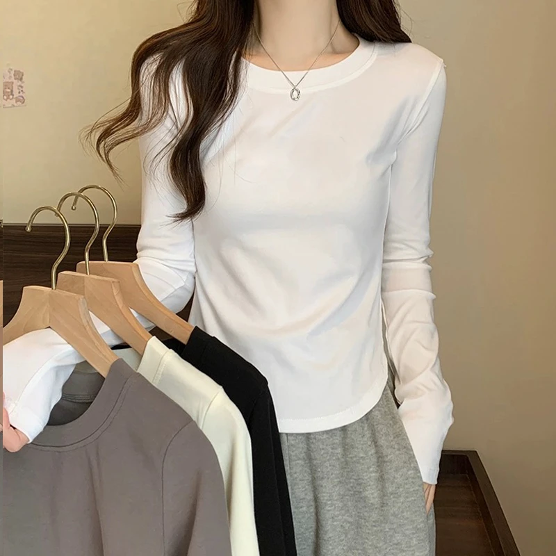 春秋新款纯棉长袖T恤女打底衫纯色上衣舒适显瘦百搭圆领弧形下摆