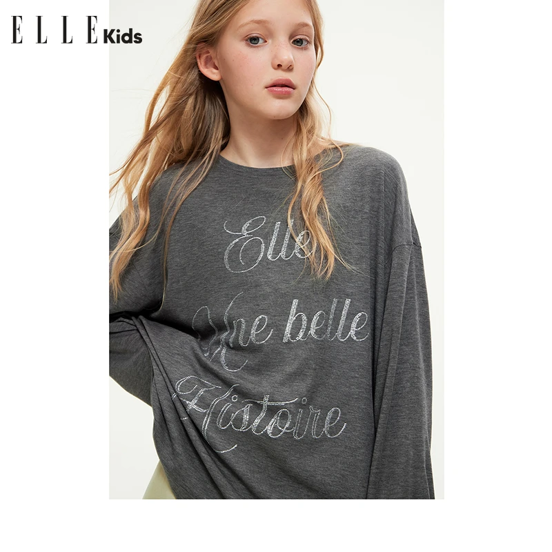 ELLE KIDS设计感字母烫钻T恤女儿童春季新款落肩圆领休闲上衣S3