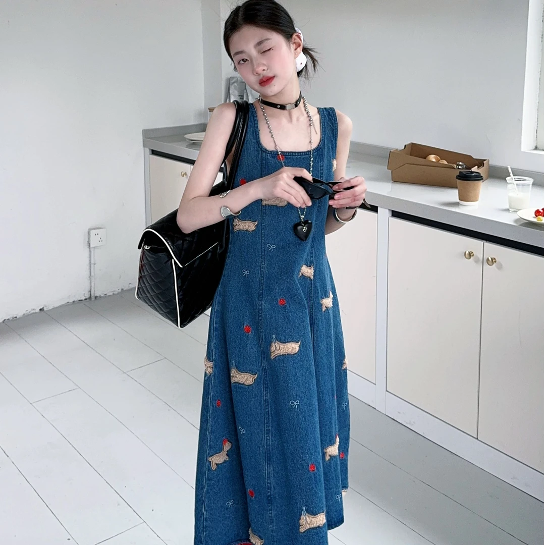 女童2025夏季新款女孩新中式复古腊肠狗刺绣牛仔背带连衣裙气质裙