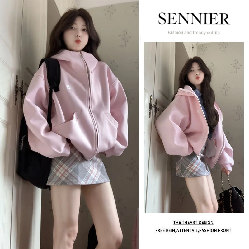 今年流行穿搭2025新款百搭宽松长袖卫衣外套显瘦格纹短裙两件套女