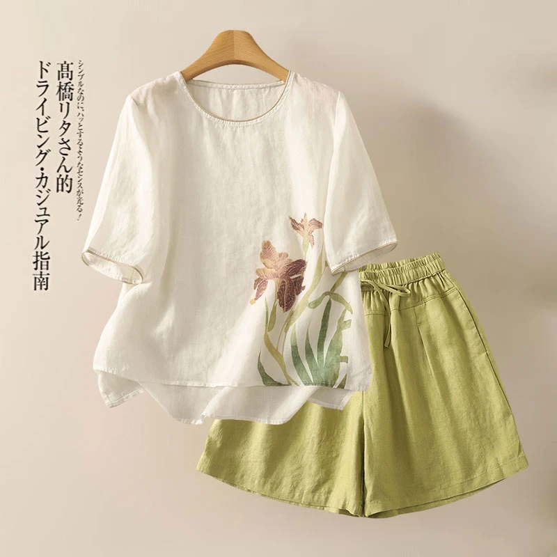 大码时髦套装女妈妈夏装时尚洋气高端亚麻苎麻上衣短袖短裤两件套