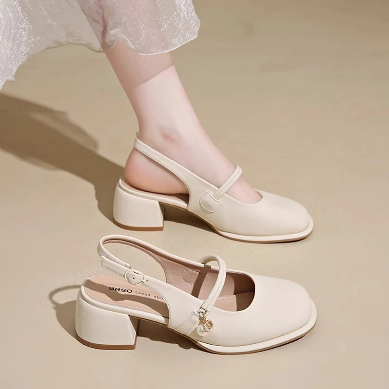 啄木鸟法式高跟鞋包头凉鞋女夏2025配裙子一字带粗跟后空时装单鞋