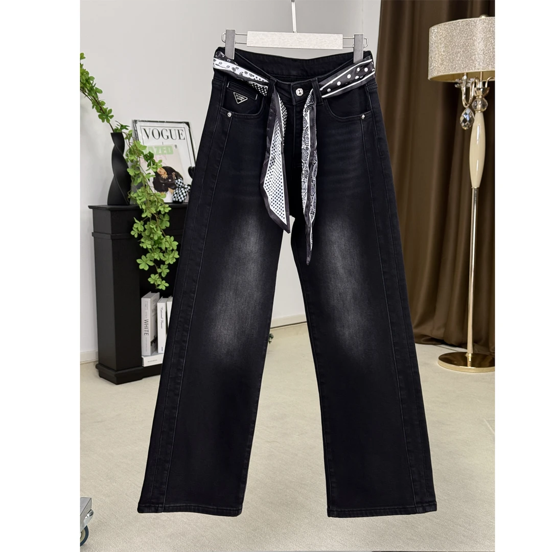 【COCO LESLEY】丝巾植绒窄版女款黑色拖地牛仔裤LW5886