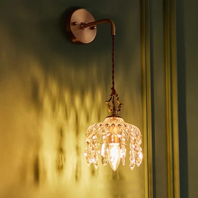 渔网复古黄铜水晶壁灯床头两侧客厅背景墙法式中古壁灯