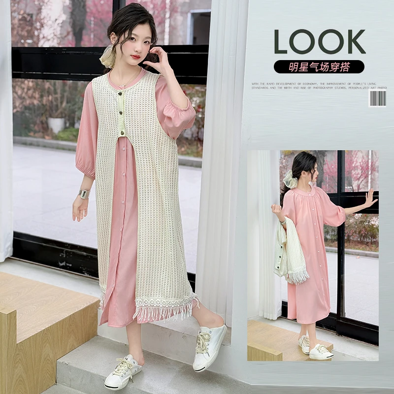 【香香妈】女童春夏粉色流苏罩衫镂空两件套女孩气质针织宽松套装