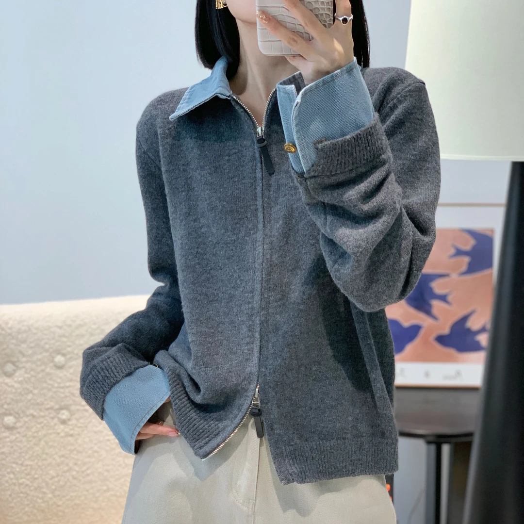 翻领开衫款拼接牛仔领毛针织衫长袖纯色时尚开衫针织衫女