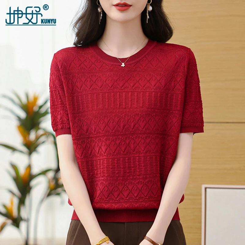 坤妤夏季短袖毛针织衫立体花朵针织衫气质大码莱赛尔宽松上衣女装