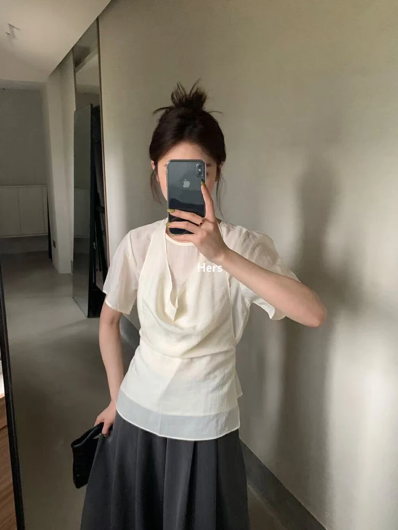 hers@20794 韩系简约真两件设计绑带小衫背心套装 6-14