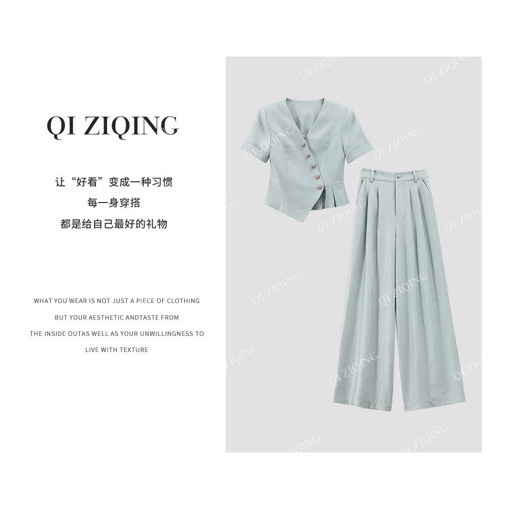 0757春夏新款清新简约下摆设计感套装