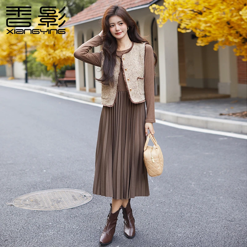 X.YING/香影女装秋季新款小香风套装洋气马甲针织连衣裙两件套潮