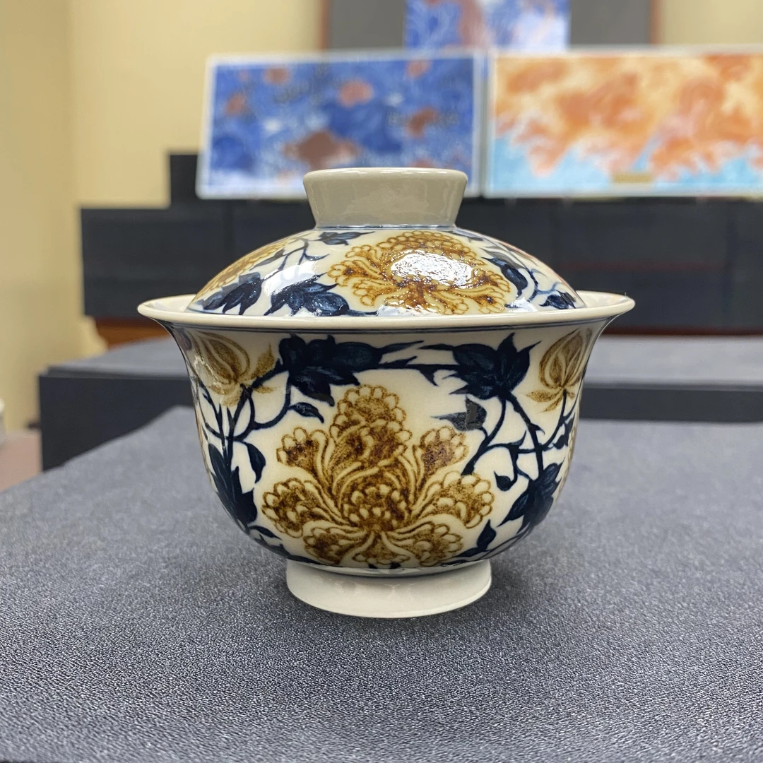 元经秘旨青花釉里金二号釉牡丹纹盖碗景德镇纯手工纯手绘釉里红