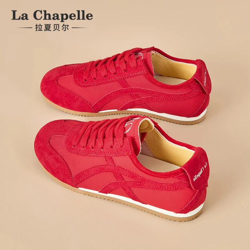 拉夏贝尔板鞋女2025夏季新款复古圆头德训鞋红色轻便透气百搭女鞋