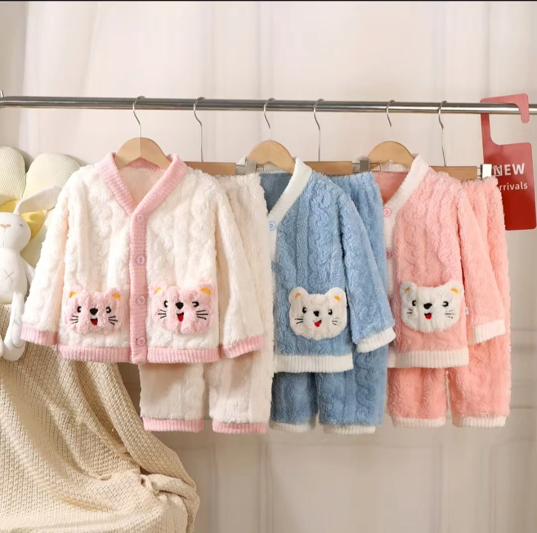 儿童法兰绒睡衣套装男女宝宝卡通加厚睡衣中大童开衫家居服套装