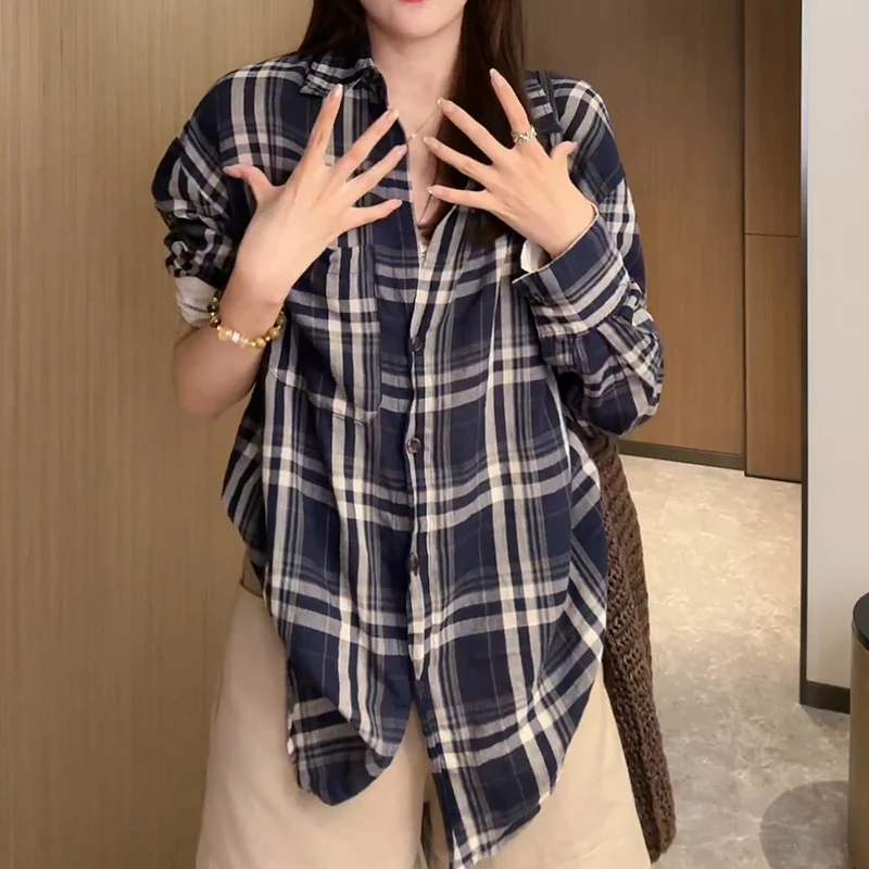 大码胖mm慵懒格子百搭长袖衬衫女2025年早秋新款洋气减龄显瘦上衣