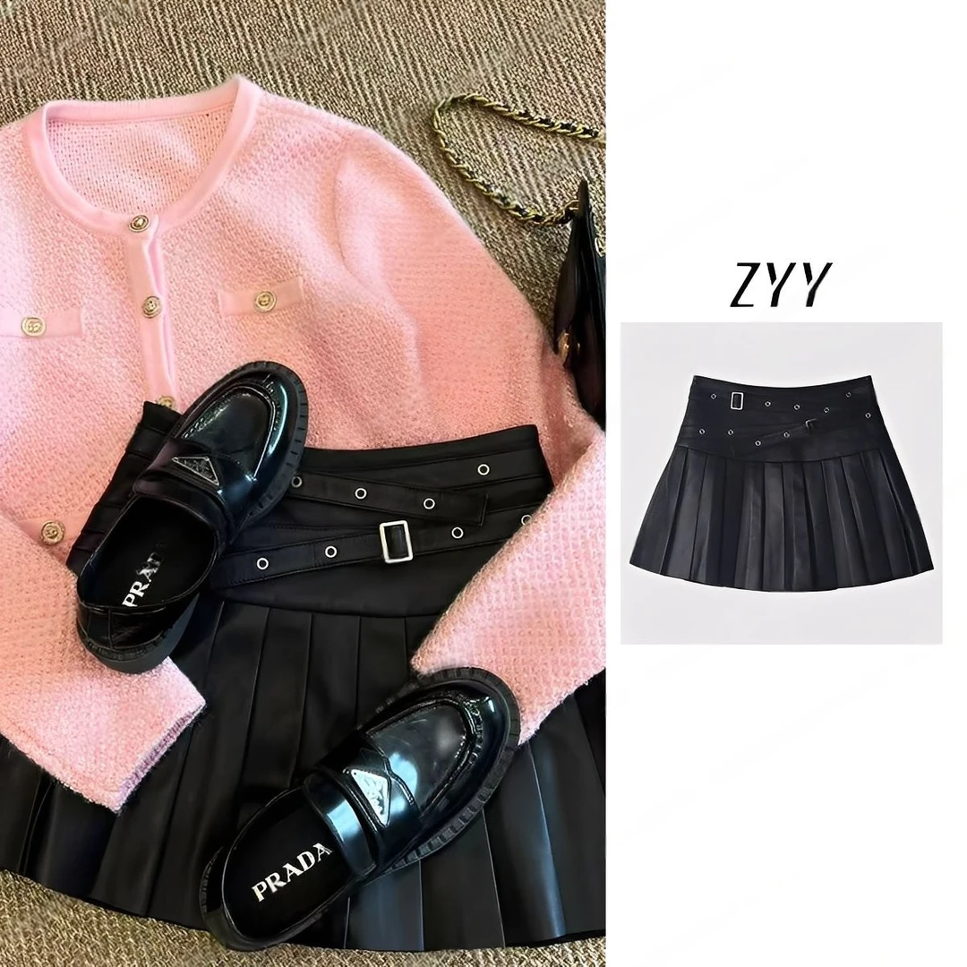 ZYY【中古解构】2025/S新品百褶高腰休闲A字休闲皮裙女X25QDQ03248