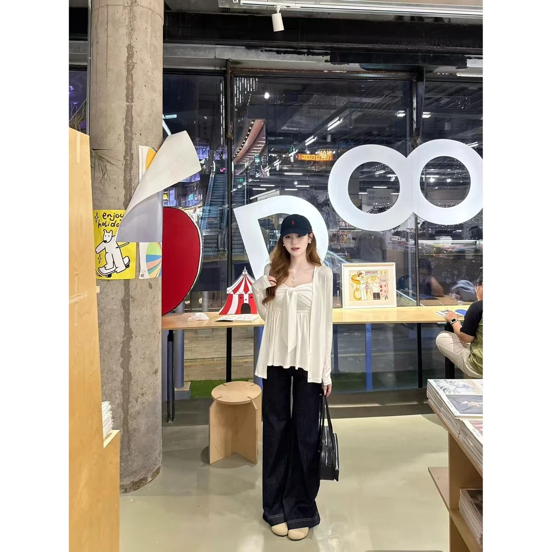 甜辣妹系带V领吊带背心女秋季2025新款外穿白色上衣开衫裤子套装