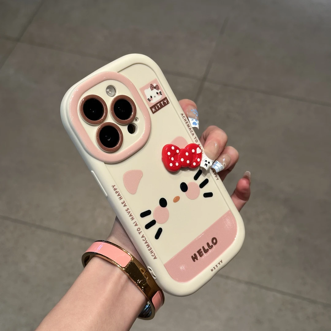 欧克里里KT猫红白蝴蝶结适用苹果16圆墩手机壳华为vivo小米15oppo