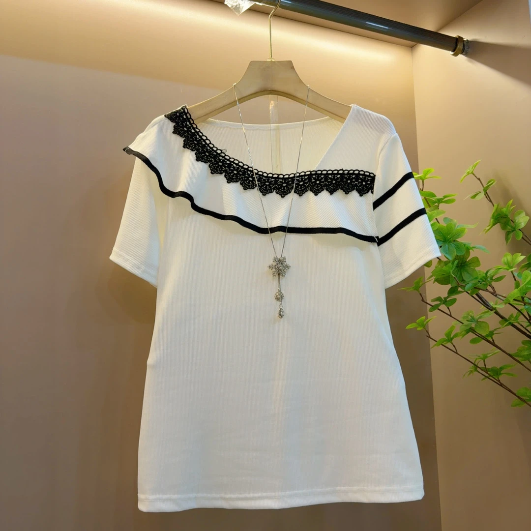 2025年新款时尚洋气宽松休闲设计款条纹短袖上衣（长62左右）