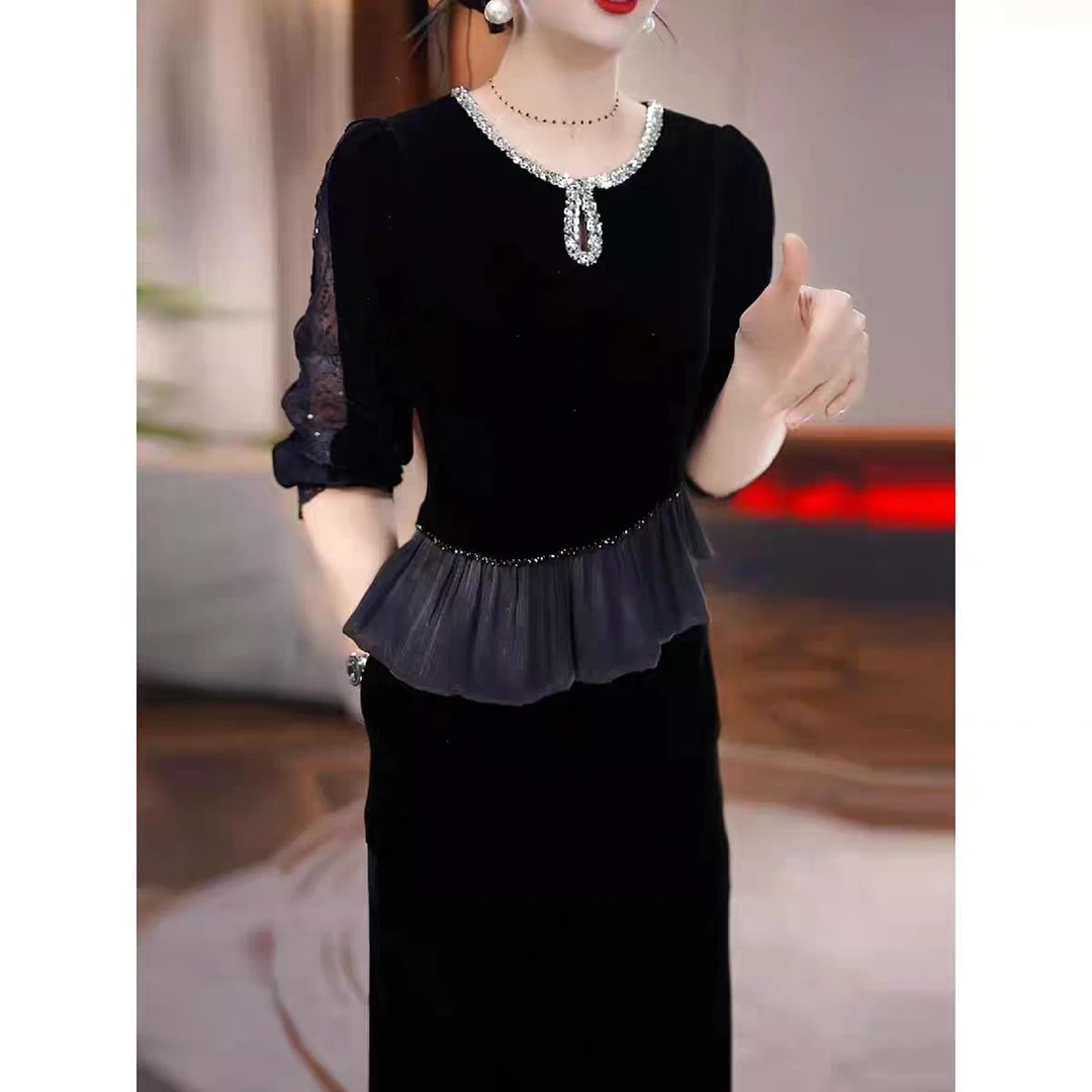 2025秋季新款轻奢气质假两件丝绒遮肉显瘦时尚贵夫人妈妈装连衣裙