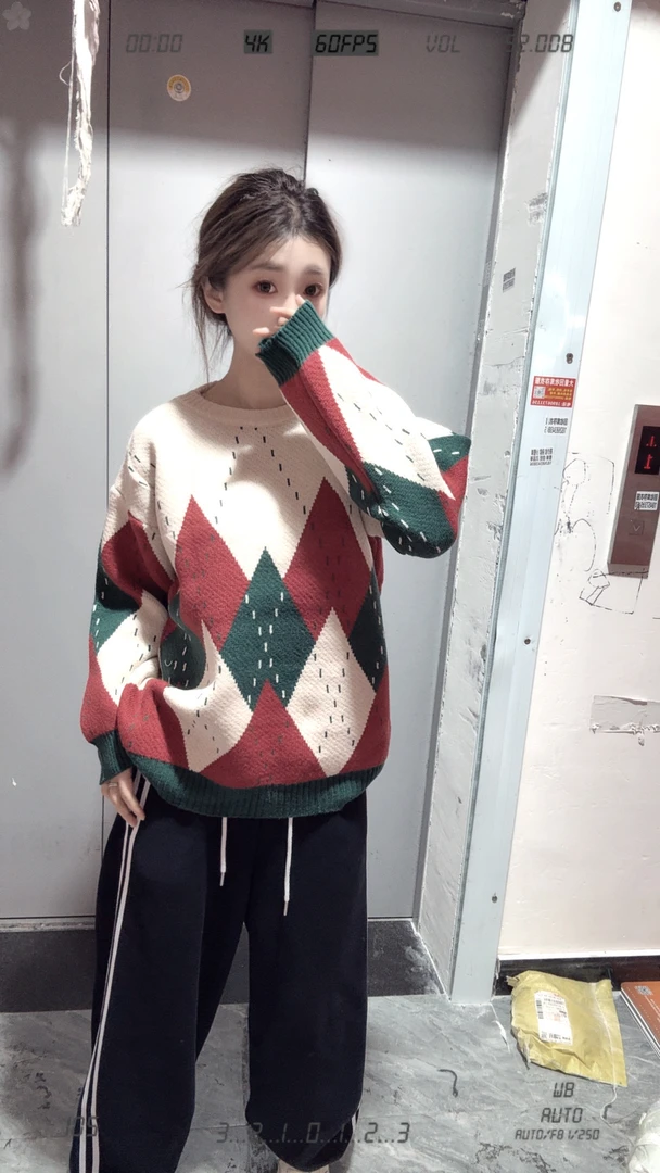 费尔岛复古菱格毛衣套头女款2025新款秋冬季宽松慵懒风外穿毛线衣