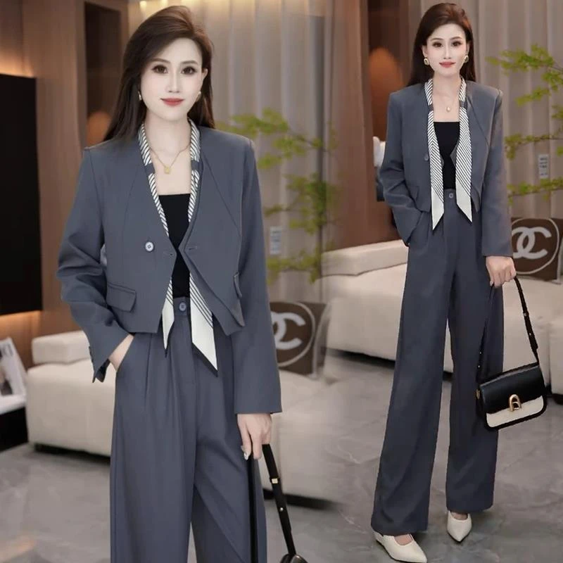 时尚西装套装女2025秋季新款洋气显瘦短款西服外套阔腿裤两件套潮