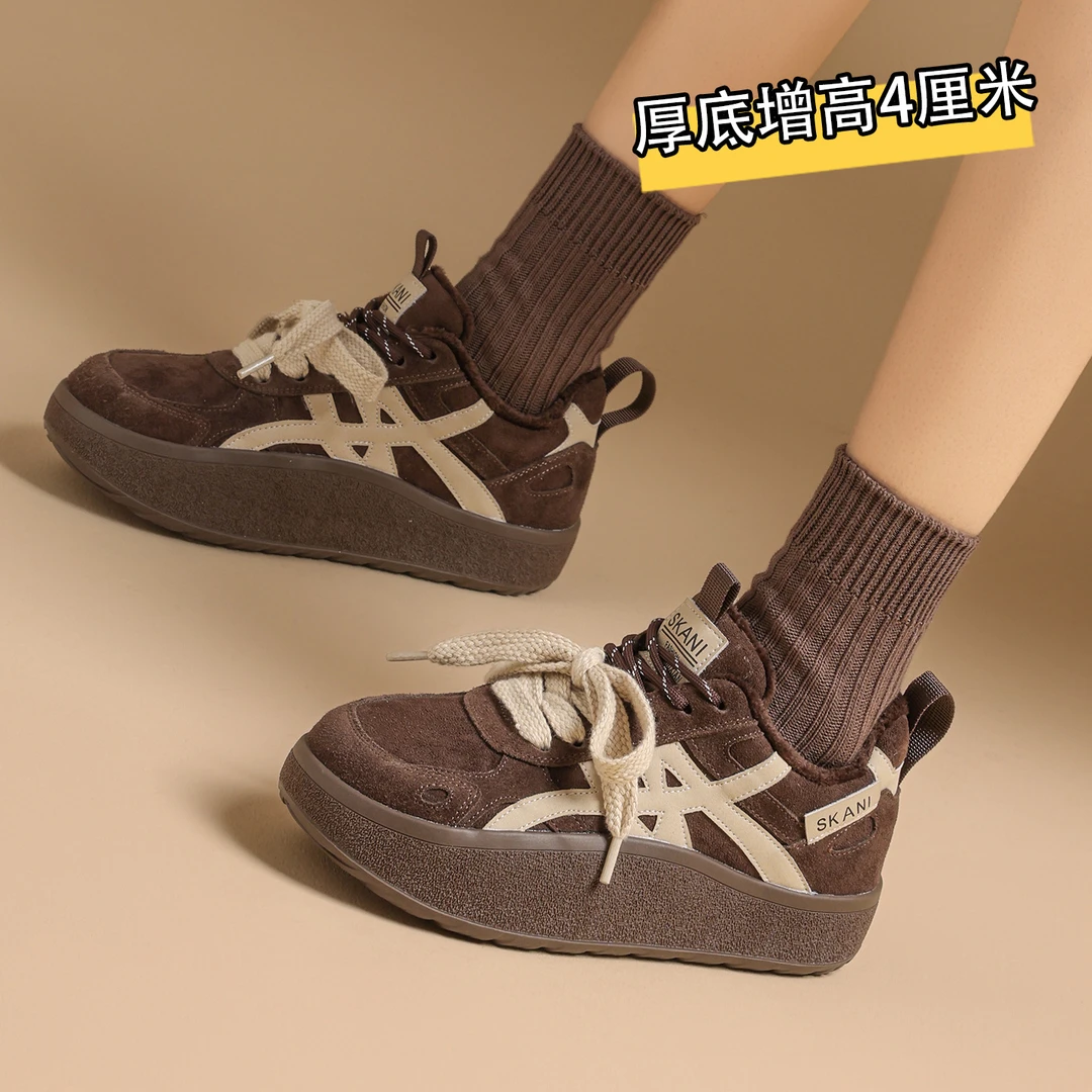 -加绒加厚厚底松糕丑萌秋冬防滑耐磨休闲女式德训阿甘鞋棕色