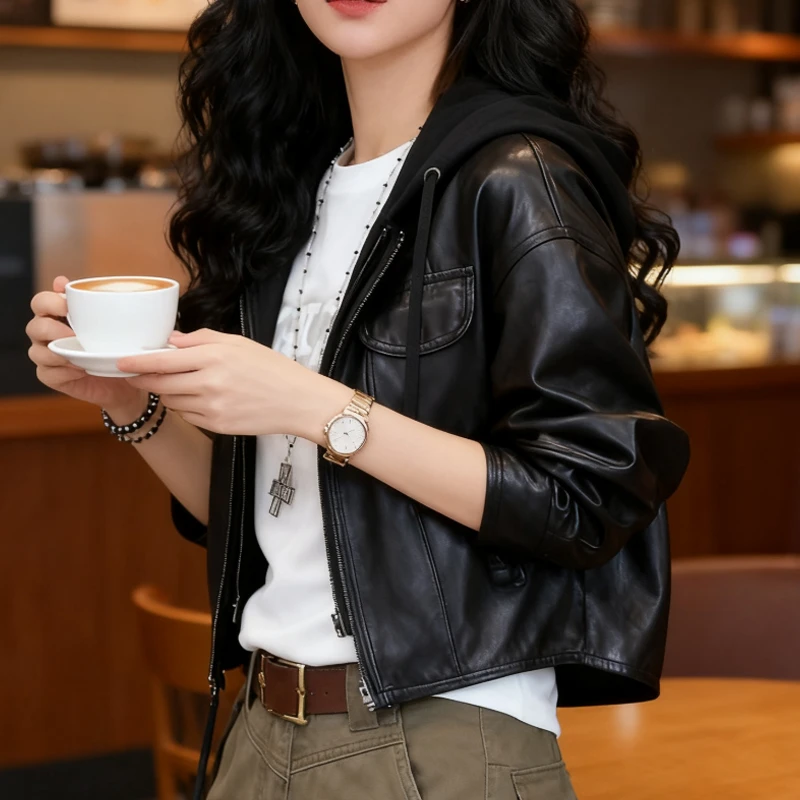 皮衣外套女款爆款2025新款欧货时尚机车服夹棉短外套女连帽设计感