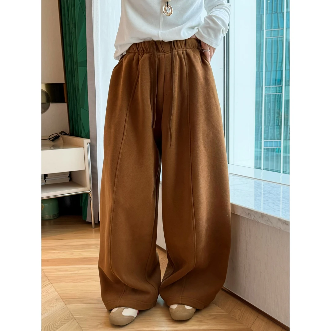 2025年流行网红女裤冬季慵懒风复古宽松加绒弯刀裤显瘦休闲卫裤厚