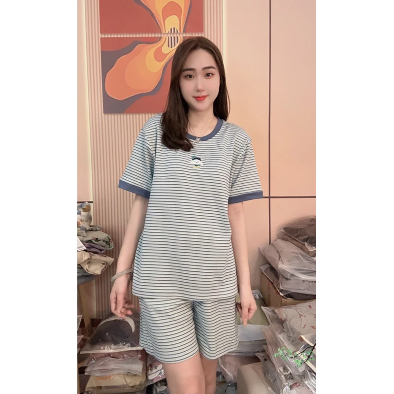胸垫版睡衣女夏季纯棉短袖短裤时尚休闲家居服套装（蓝条纹帽熊）