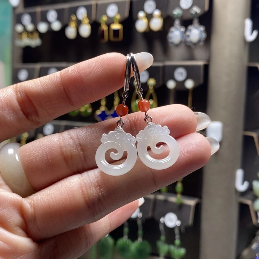 和田玉耳饰银S925镶嵌水****