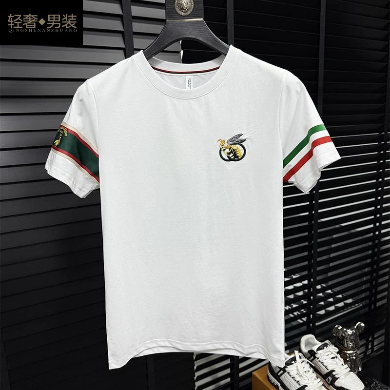 欧洲站潮牌小蜜蜂刺绣织带圆领修身夏季高品质短袖T恤男半袖体恤