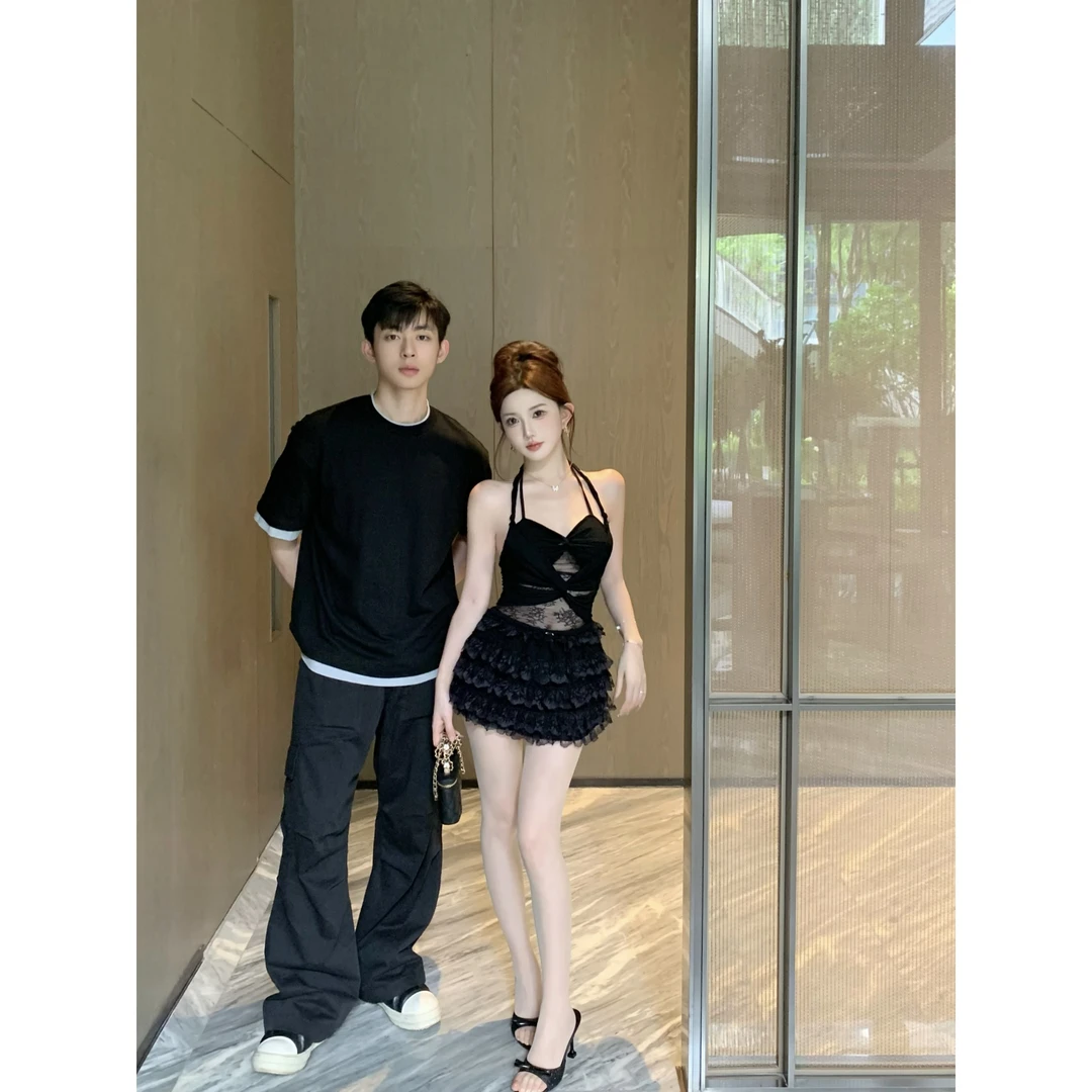 蕾丝雅痞 拼接挂脖透视性感设计感小众显瘦吊带背心