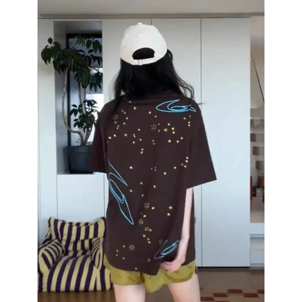 2025夏季新款美式星空线条印花宽松休闲百搭圆领短袖T恤男女同款