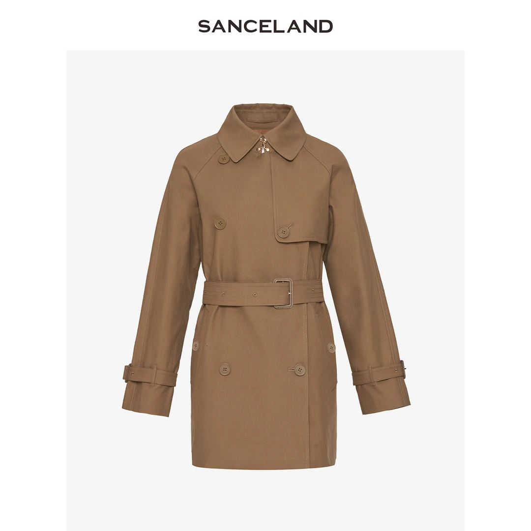 SANCELAND三石一澜秋新款纯棉短款衬衫领双排扣风衣女SI15202033