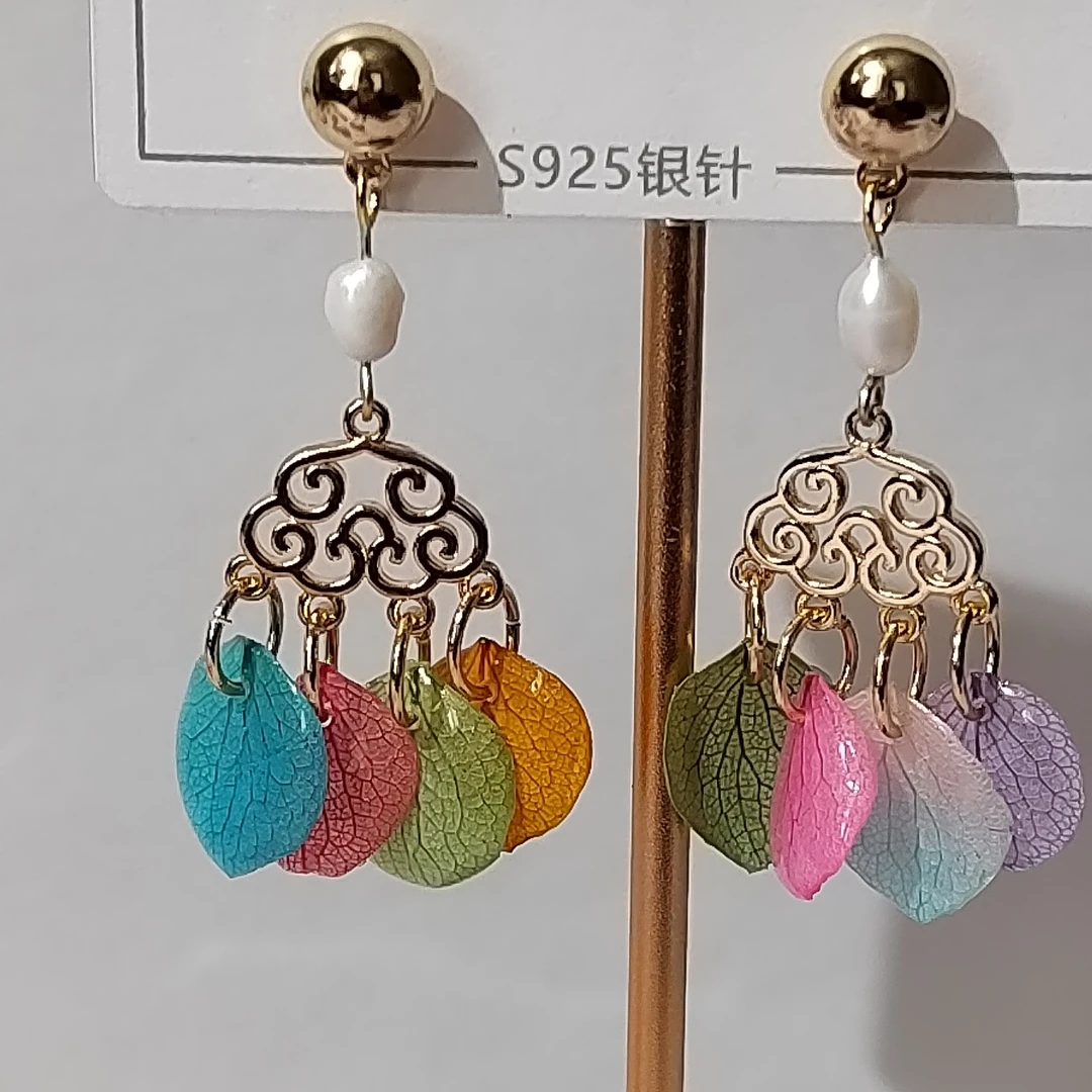 铜合金树脂耳饰 真花干花不掉色耳饰百搭复古中国风纯手工