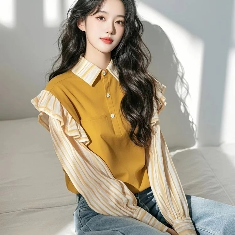 黄色条纹撞色拼接衬衫女2025春季新款荷叶边小众别致洋气百搭上衣