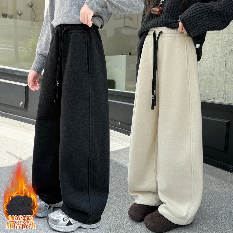 女童裤子加绒加厚秋冬装新款女孩休闲运动裤宽松洋气儿童直筒长裤