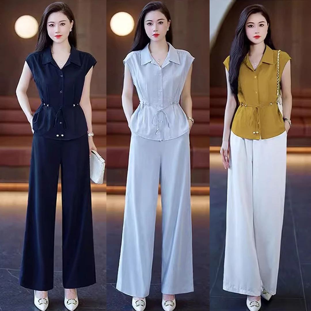 高级感时尚气质套装女夏季新款洋气收腰显瘦无袖衬衣阔腿裤两件套