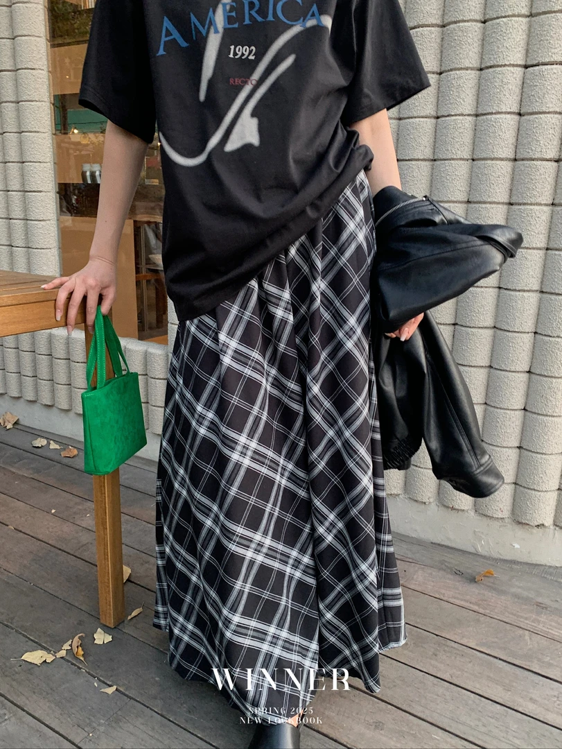 6677 韩系百搭格子半身裙 w（裙长92）