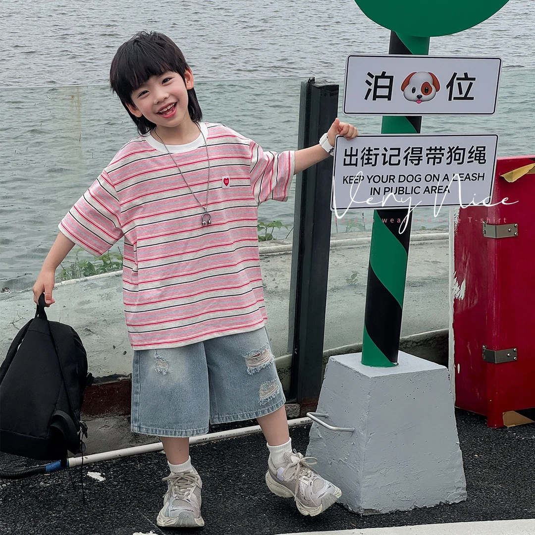 【清】FX5099棉小班儿童条纹短袖夏装新款休闲圆领T恤大童宽松半袖