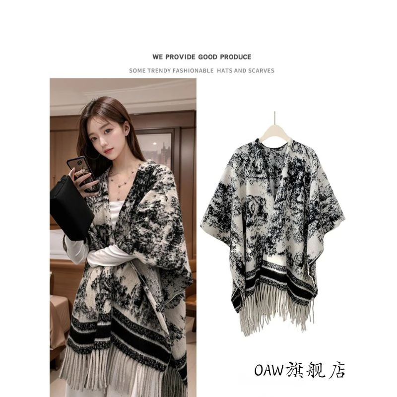 复古水墨画外搭披肩女秋冬保暖旅游拍照氛围感披风东方美学斗篷
