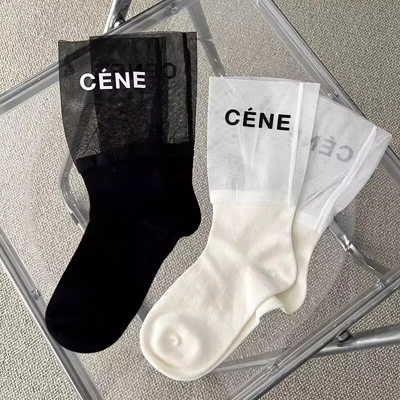 CENE袜子女夏季薄款网纱拼接字母中筒袜ins潮网红同款堆堆袜