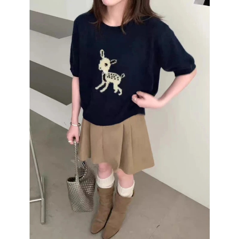纯色梅花鹿可爱卡通针织短袖女