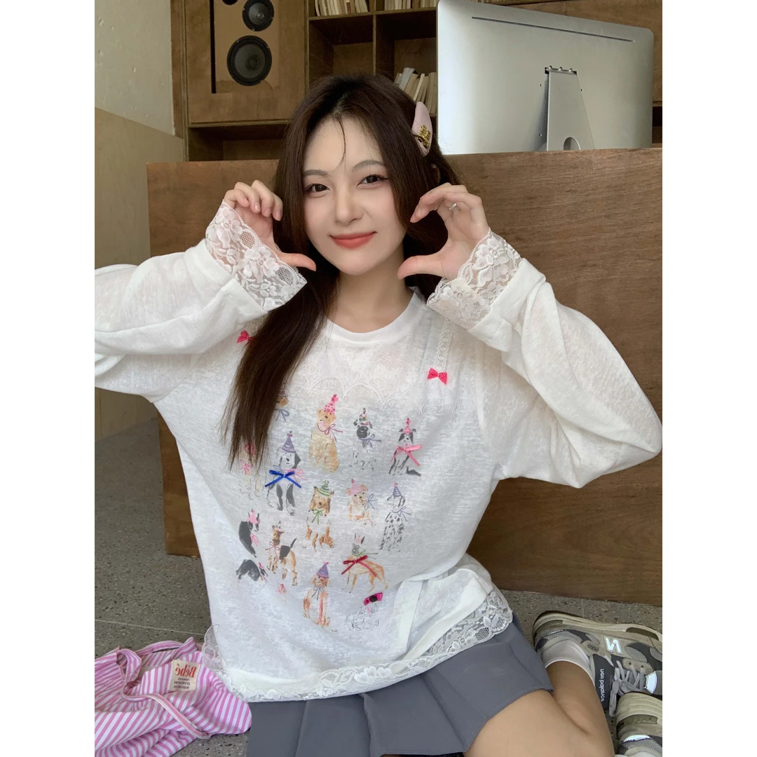 蕾丝花边小狗印花长袖T恤女2025夏季新款上衣