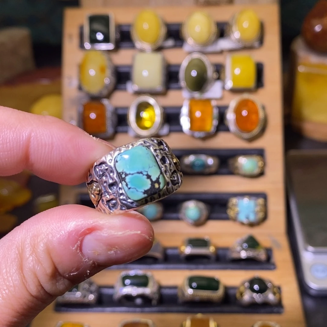 绿松石戒指银S925镶嵌抽****酒