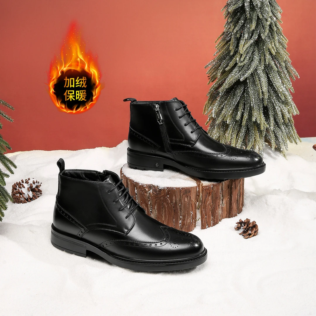 CROWN/皇冠【布洛克加绒保暖靴】牛皮革百搭棉鞋商务靴R2S0144088AR