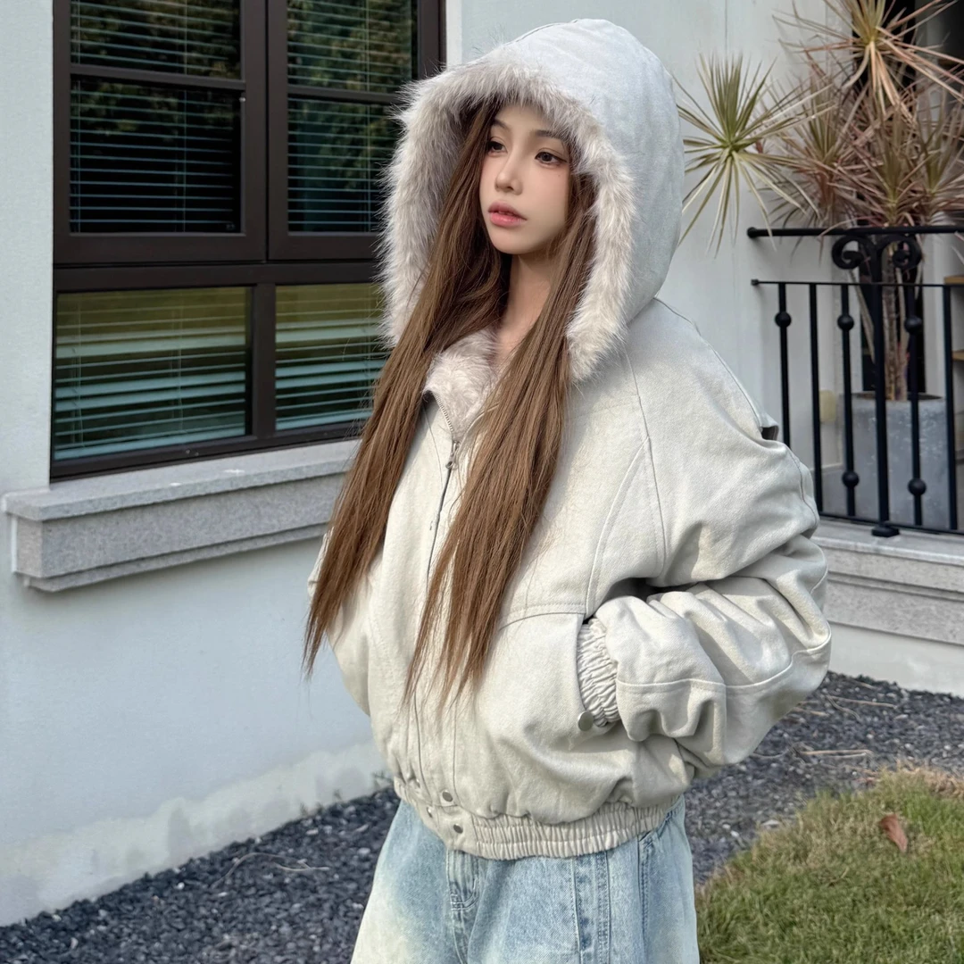 2025冬季美式复古毛领连帽棉服女高级感韩版时尚加厚保暖短款外套