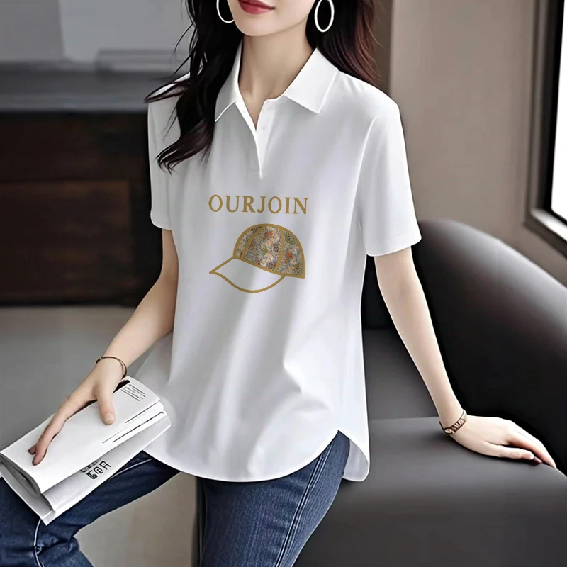 欧货白色短袖t恤女POLO领休闲2025新款夏季宽松遮屁股打底衫上衣